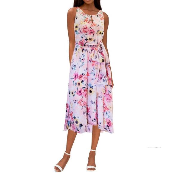 New! Nicole Miller Floral Print Halter Neck Keyhole Hi-low Hem Flowy Midi Dress